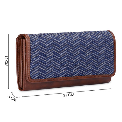 THE CLOWNFISH Sharon Collection Tapestry Fabric & Faux Leather Snap Flap Closure Womens Wallet Clutch Ladies Purse with Multiple Card Holders (Blue-Stripes)