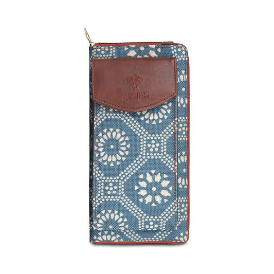 THE CLOWNFISH Fashionista Printed Handicraft Fabric & Vegan Leather Ladies Wallet Sling Bag with Front Mobile Pocket (Cerulean Blue)