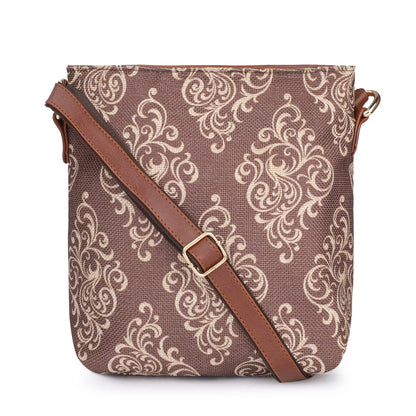 THE CLOWNFISH Aahna Polyester Crossbody Sling bag for Women Casual Party Bag Purse with Adjustable Shoulder Strap and Printed Design for Ladies College Girls (Brown)