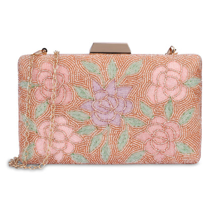 THE CLOWNFISH Anmol Collection Womens Party Clutch Ladies Wallet with Chain Strap Evening Sling Bag with Fashionable Beads Work Floral Design (Peach)