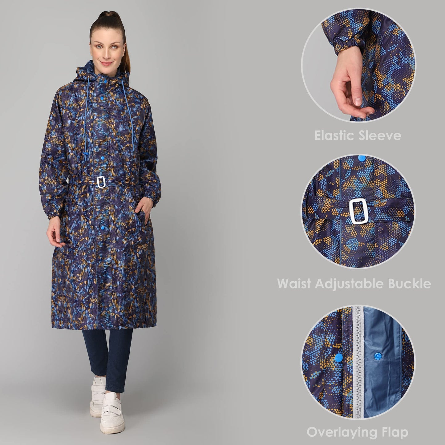 THE CLOWNFISH Juliet Series Raincoats for Women Rain Coat for Women Raincoat for Ladies Waterproof Reversible Double Layer Longcoat with Printed Plastic Pouch (Blue, Large)