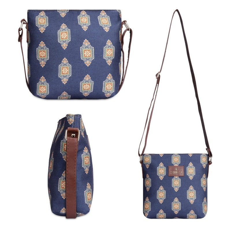 THE CLOWNFISH Aahna Printed Handicraft Fabric Crossbody Sling bag for Women Casual Party Bag Purse with Adjustable Shoulder Strap for Ladies College Girls (Dark Blue)