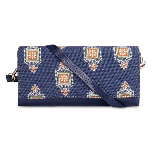 THE CLOWNFISH Jolene Printed Handicraft Fabric & Vegan Leather Ladies Wallet Purse Sling Bag with Multiple Card Slots (Dark Blue)