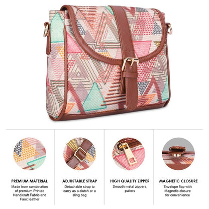 THE CLOWNFISH Madeline Printed Handicraft Fabric Handbag for Women Sling Bag Office Bag Ladies Shoulder Bag with Snap Flap Closure Tote For Women College Girls (Multicolour-Triangle Design)