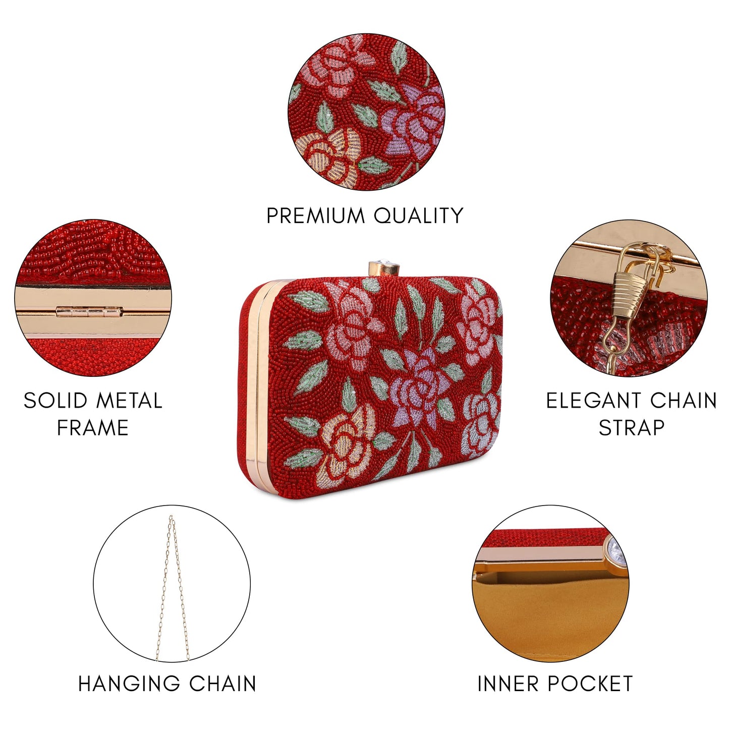 THE CLOWNFISH Norah Collection Womens Party Clutch Ladies Wallet with Chain Strap Evening Bag with Fashionable Round Corners Beads Work Floral Design (Red)