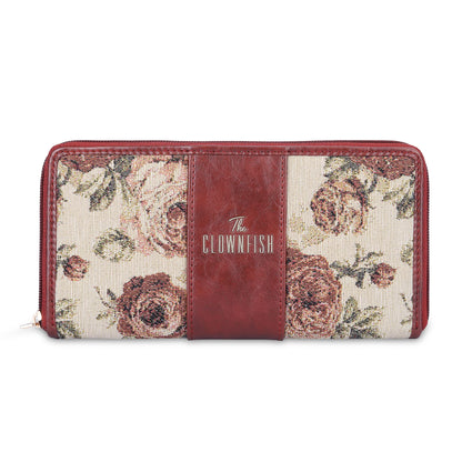 THE CLOWNFISH Aria Collection Tapestry Fabric & Faux Leather Zip Around Style Womens Wallet Clutch Ladies Purse with Card Holders (Brown- Floral)