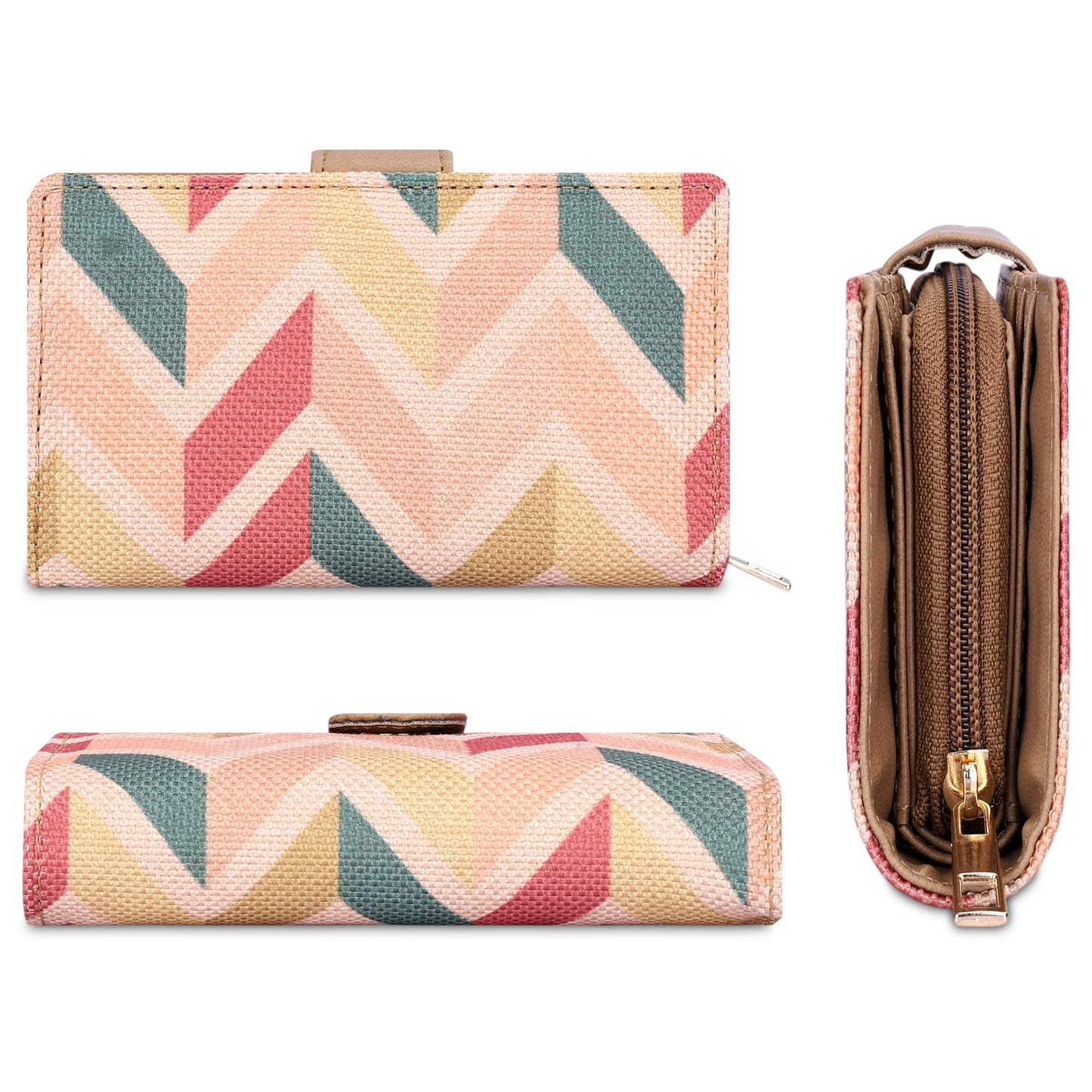 THE CLOWNFISH Fab Series Printed Handicraft Fabric & Vegan Leather Ladies Wallet Clutch Purse for Women Girls with Multiple Compartments (Cream)