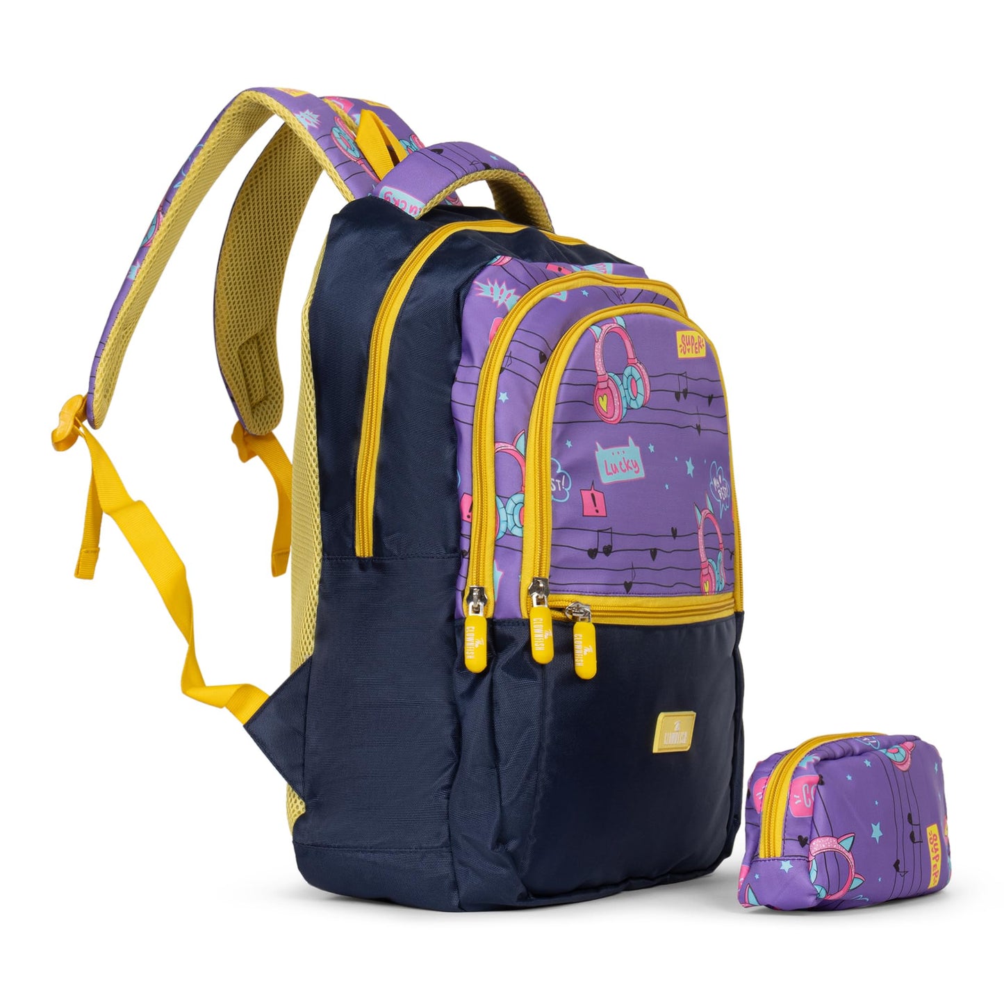 The Clownfish Edutrek Series Printed Polyester 33.5 L School Backpack with Pencil/Stationery Pouch School Bag Zip Pocket Daypack Picnic Bag For School Going Boys & Girls Age-10+ years (Violet - Music)
