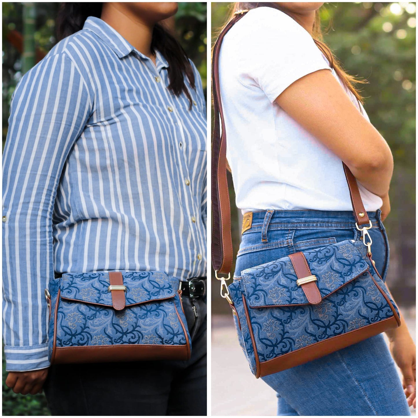 THE CLOWNFISH Odelina Series Printed Handicraft Fabric Handbag for Women Sling Bag Office Bag Ladies Shoulder Bag with Snap Flap Closure & Shoulder Belt Tote For Women (Steel Blue)
