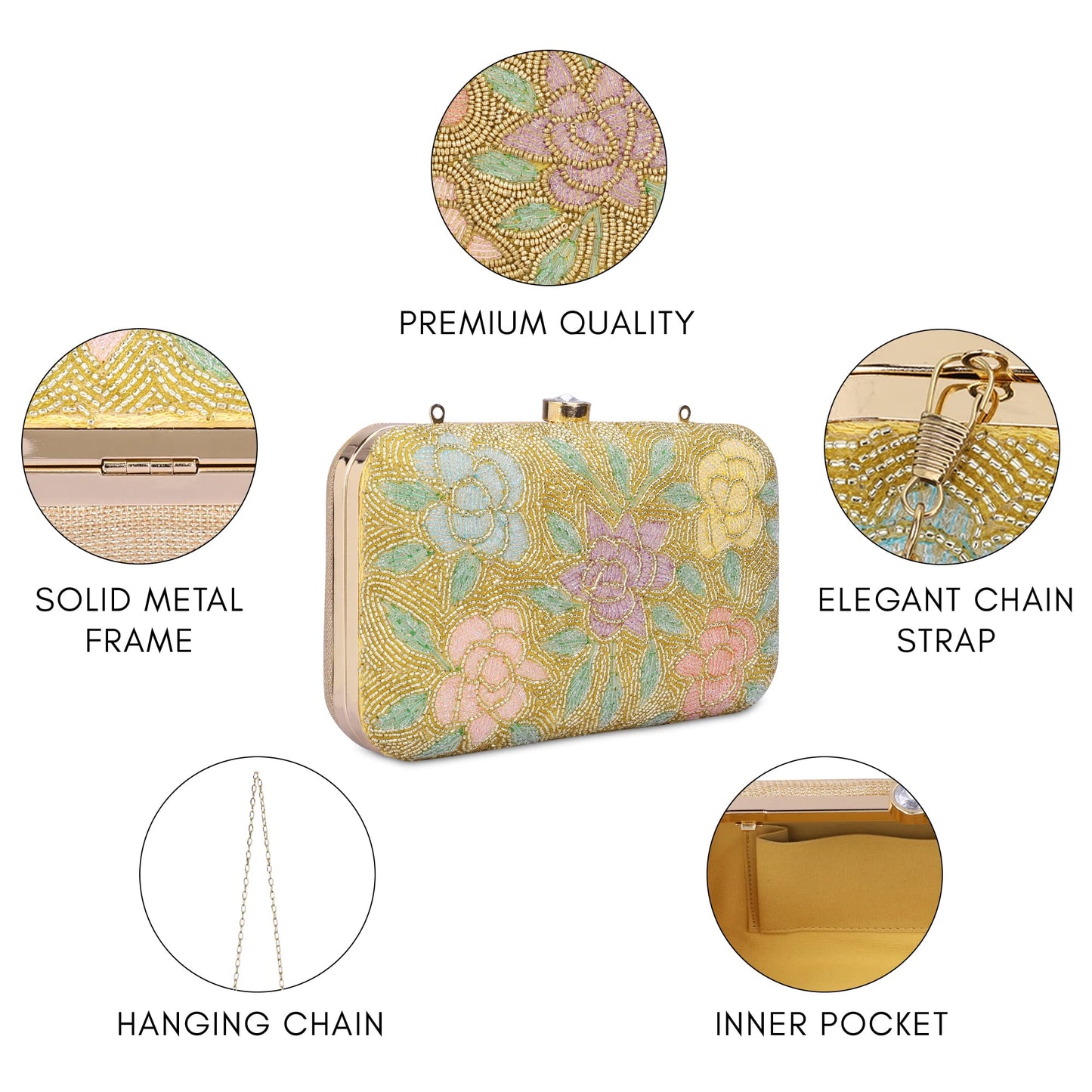 THE CLOWNFISH Norah Collection Womens Party Clutch Ladies Wallet with Chain Strap Evening Bag with Fashionable Round Corners Beads Work Floral Design (Golden)