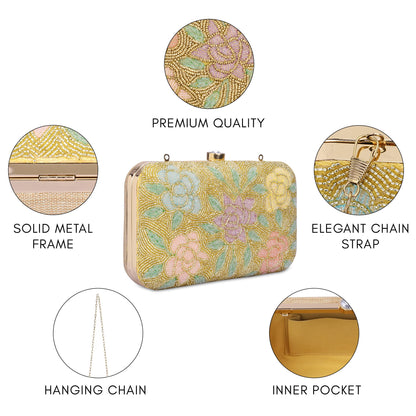 THE CLOWNFISH Norah Collection Womens Party Clutch Ladies Wallet with Chain Strap Evening Bag with Fashionable Round Corners Beads Work Floral Design (Golden)