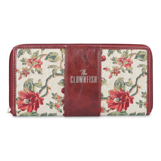 THE CLOWNFISH Aria Collection Tapestry Fabric & Faux Leather Zip Around Style Womens Wallet Clutch Ladies Purse with Card Holders (Off White- Floral)