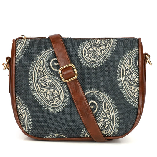 THE CLOWNFISH Garnet Series Printed Handicraft Fabric & Tapestry Crossbody Sling Bag for Women Ladies Single Shoulder Bag Shoulder Belt (Pine Green)