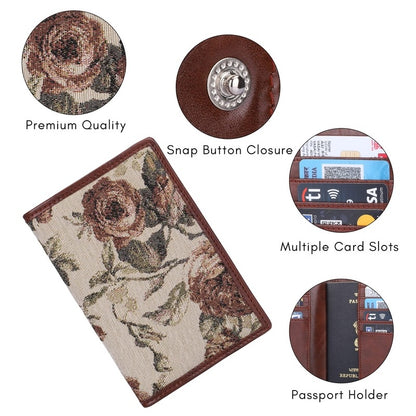 THE CLOWNFISH Glamour Fold Series Tapestry Fabric & Faux Leather Unisex Passport Wallet Travel Document Organizer (Brown-Floral)