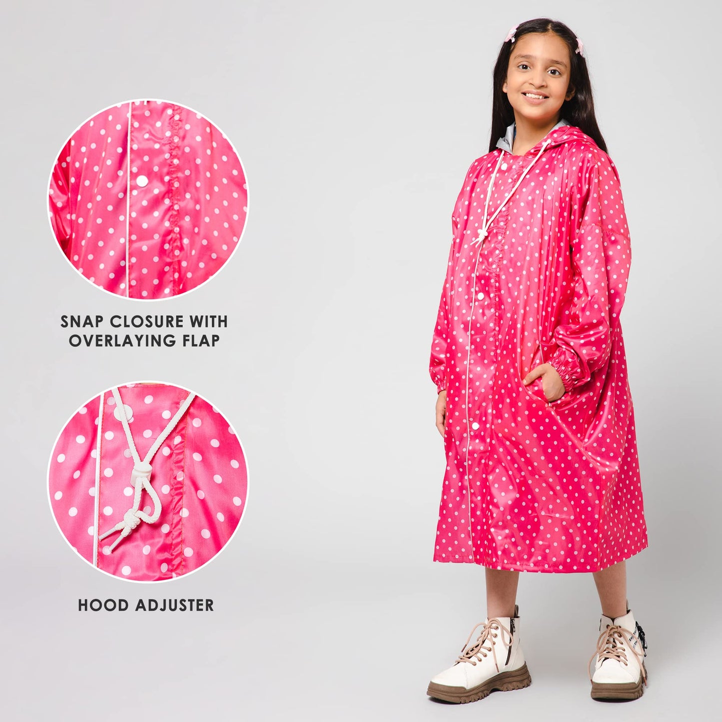 The Clownfish Drizzle Dot Series Kids Raincoat Waterproof Polyester Double Coating Reversible Longcoat with Hood and Reflector Logo at Back. Printed Plastic Pouch. Kid Age-11-12 years (Bubblegum Pink)