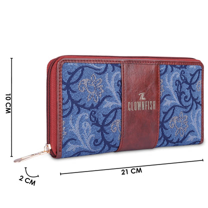 THE CLOWNFISH Aria Collection Tapestry Fabric & Faux Leather Zip Around Style Womens Wallet Clutch Ladies Purse with Card Holders (Blue- Floral)