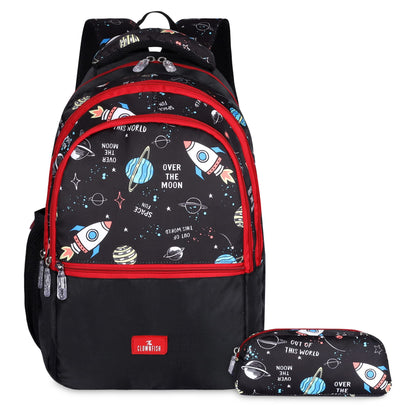 THE CLOWNFISH Edutrek Series Printed Polyester 36 L School Backpack with Pencil/Stationery Pouch School Bag Front Zip Pocket Daypack Picnic Bag For School Going Boys & Girls Age-10+ years (Jet Black)