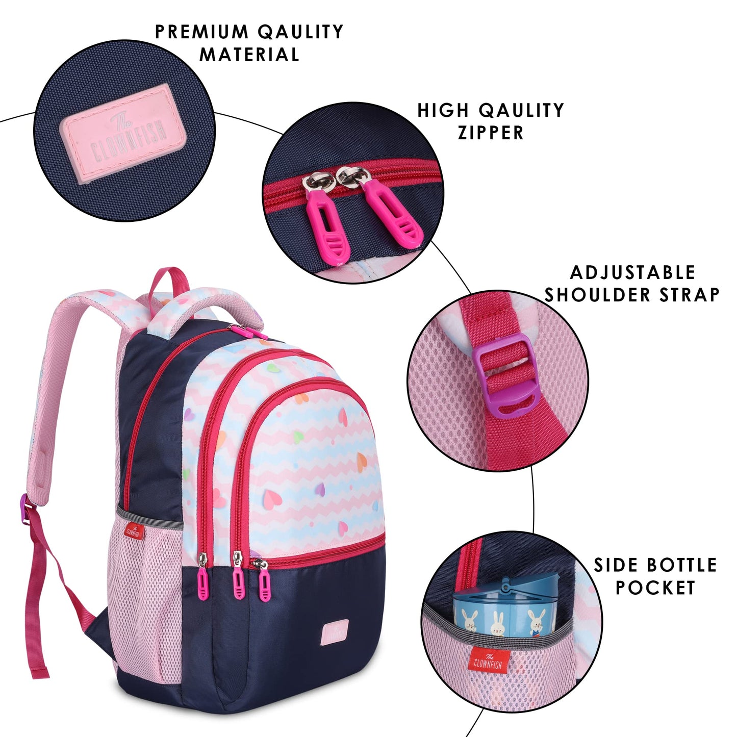 The Clownfish Edutrek Series Printed Polyester 36 L School Backpack with Pencil/Stationery Pouch School Bag Front Zip Pocket Daypack Picnic Bag For School Going Boys & Girls Age-10+ years (Blush Pink)