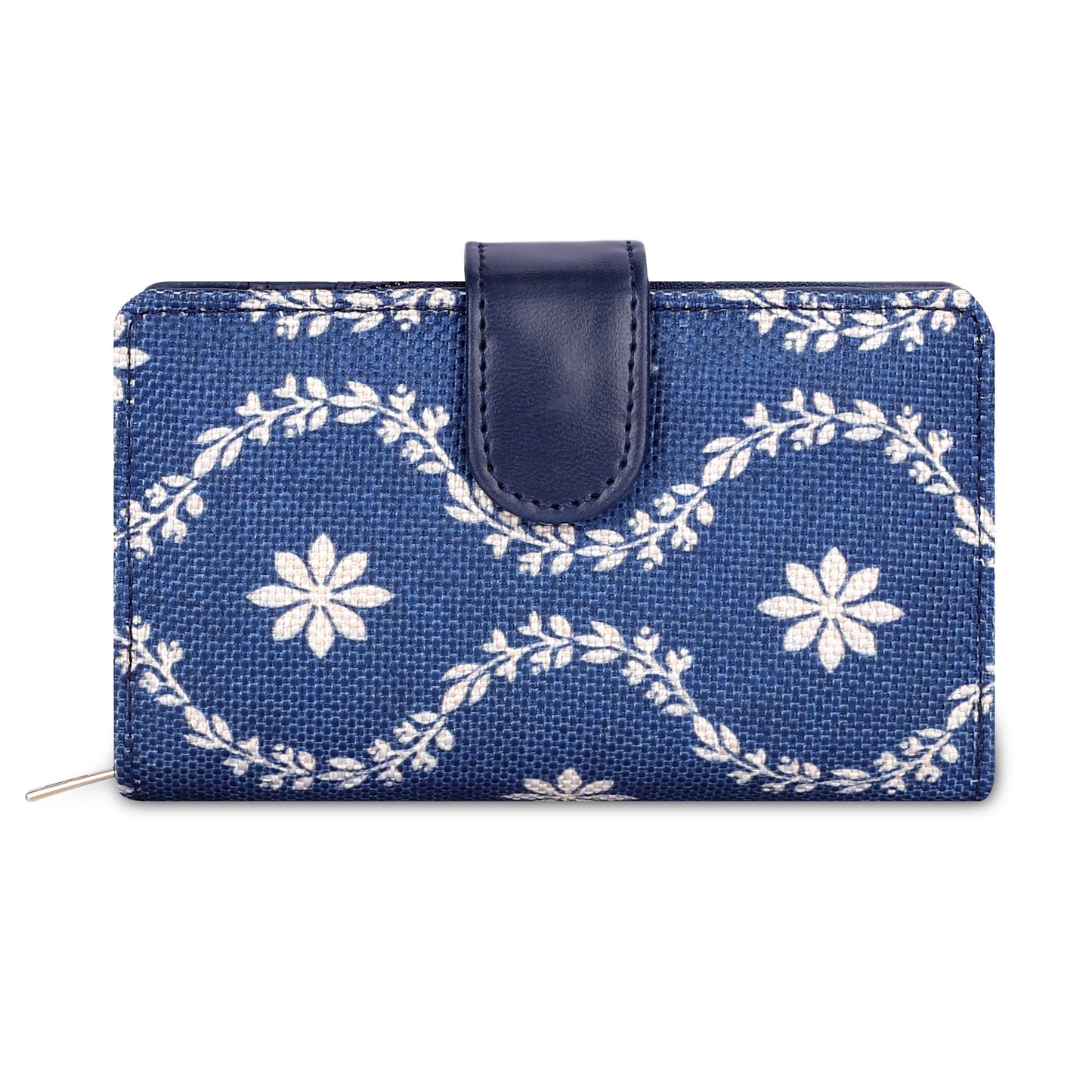 THE CLOWNFISH Fab Series Printed Handicraft Fabric & Vegan Leather Ladies Wallet Clutch Purse for Women Girls with Multiple Compartments (Royal Blue)