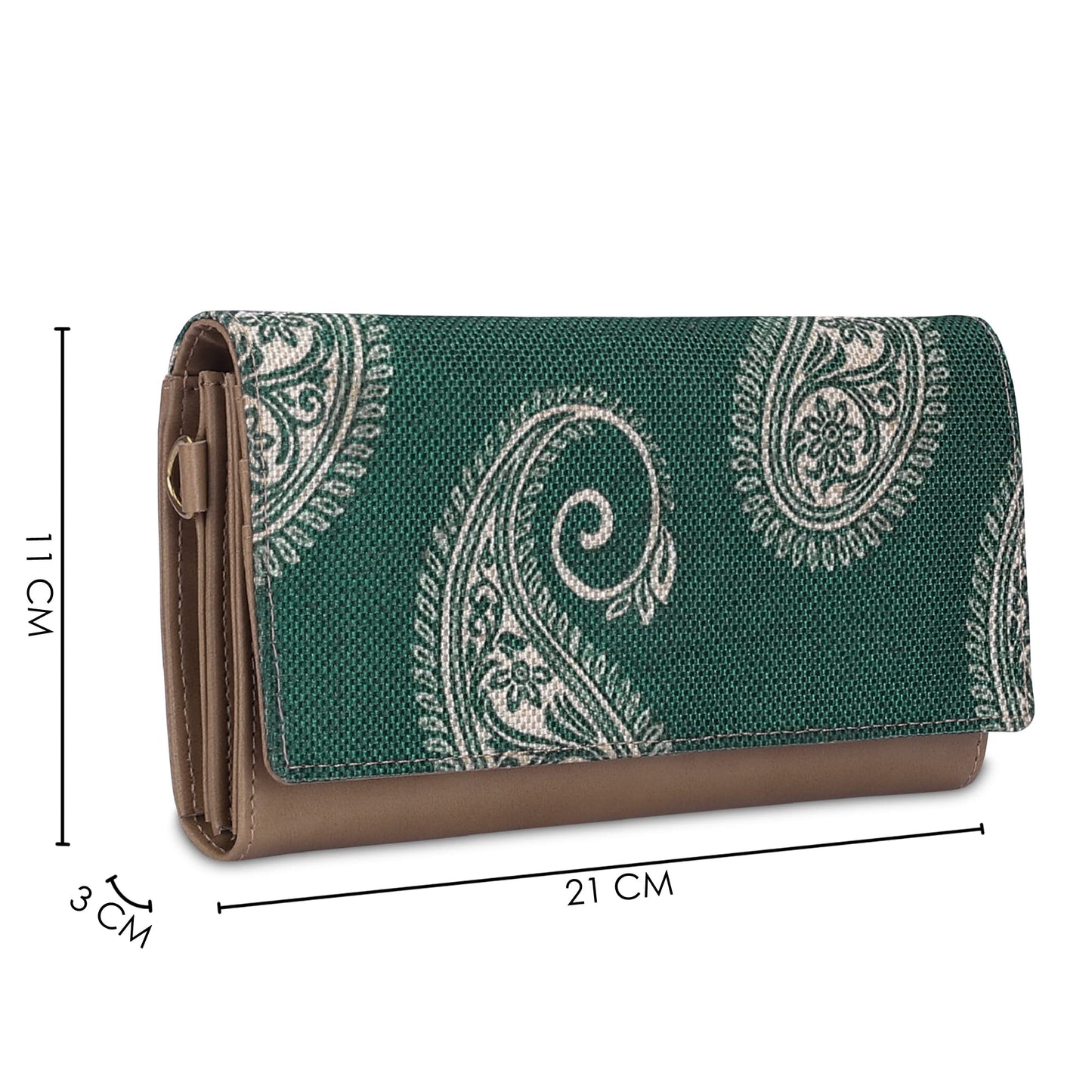 THE CLOWNFISH Jolene Printed Handicraft Fabric & Vegan Leather Ladies Wallet Purse Sling Bag with Multiple Card Slots (Fern Green)