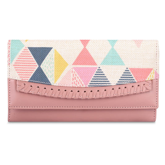 THE CLOWNFISH Ladyluxe Collection Printed Handicraft Fabric & Faux Leather Womens Wallet Clutch Ladies Purse with Multiple Card Slots (Multicolour-Geometric Design)