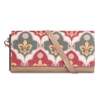 THE CLOWNFISH Jolene Printed Handicraft Fabric & Vegan Leather Ladies Wallet Purse Sling Bag with Multiple Card Slots (Pink-Rangoli Design)