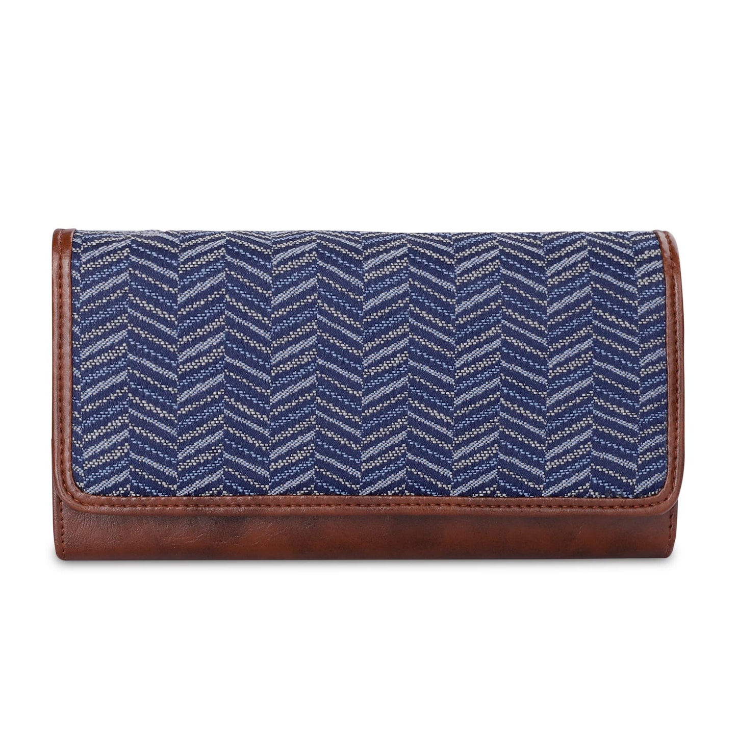 THE CLOWNFISH Sharon Collection Tapestry Fabric & Faux Leather Snap Flap Closure Womens Wallet Clutch Ladies Purse with Multiple Card Holders (Blue-Stripes)