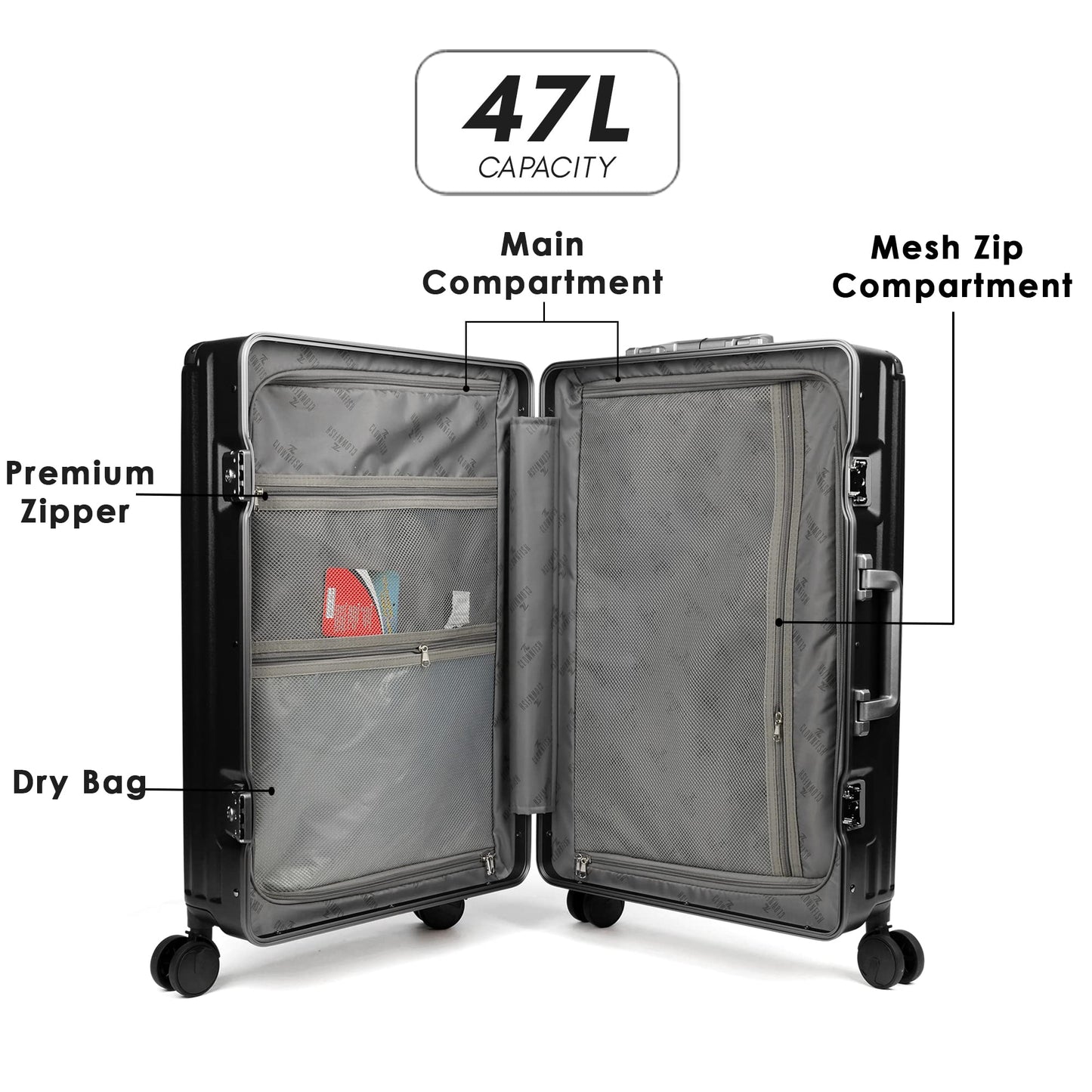 THE CLOWNFISH Stark Series Luggage PolyCarbonate Hard Case Suitcase Eight Wheel Trolley Bag with Double TSA Locks- Sooty Black (Small size, 57 cm-22 inch)