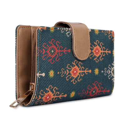 THE CLOWNFISH Fab Series Printed Handicraft Fabric & Vegan Leather Ladies Wallet Clutch Purse for Women Girls with Multiple Compartments (Green)