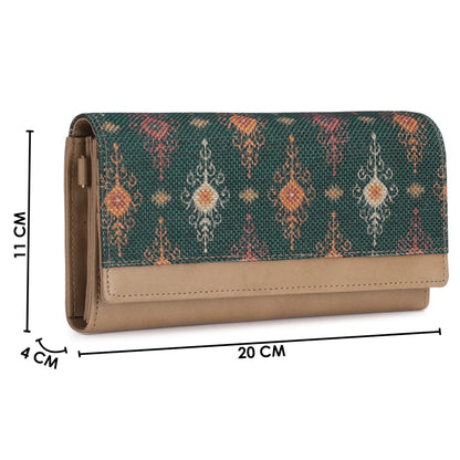 THE CLOWNFISH Erika Printed Handicraft Fabric & Vegan Leather Ladies Wallet Purse Sling Bag with Multiple Card Slots & Shoulder Belt (Green)
