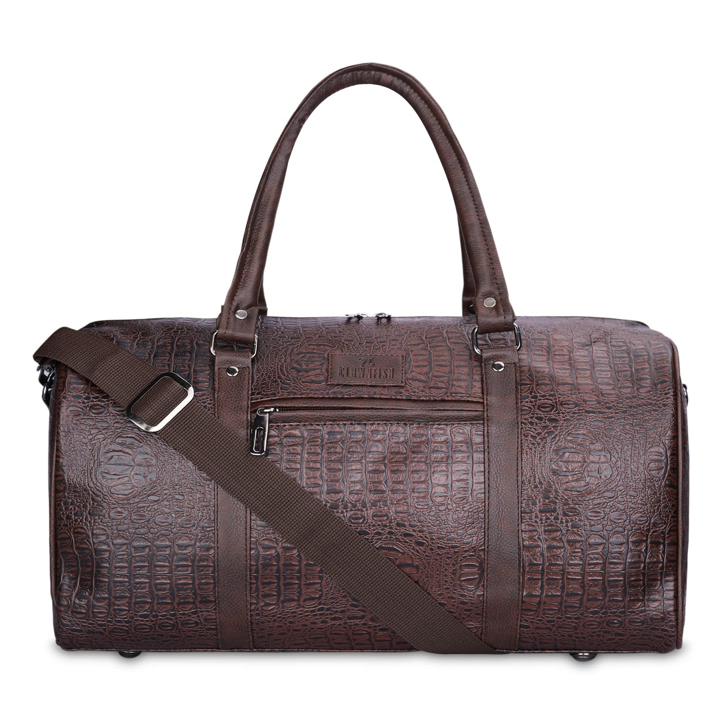 The Clownfish Expedition Series 29 litres Faux Leather Crocodile Finish Unisex Travel Duffle Bag Weekender Bag (Dark Brown)