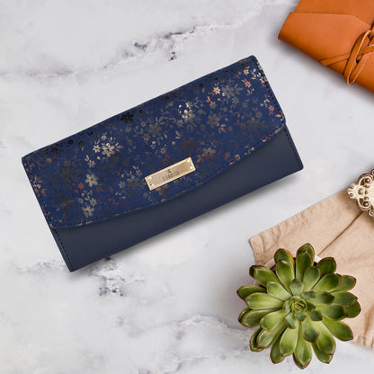 THE CLOWNFISH Jacinta Collection Womens Wallet Clutch Ladies Purse with Floral Design On Flap & Multiple Card Slots (Navy Blue)