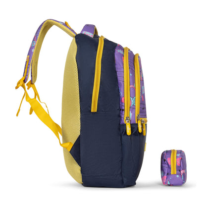 The Clownfish Edutrek Series Printed Polyester 33.5 L School Backpack with Pencil/Stationery Pouch School Bag Zip Pocket Daypack Picnic Bag For School Going Boys & Girls Age-10+ years (Violet - Music)