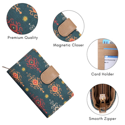 THE CLOWNFISH Fab Series Printed Handicraft Fabric & Vegan Leather Ladies Wallet Clutch Purse for Women Girls with Multiple Compartments (Green)