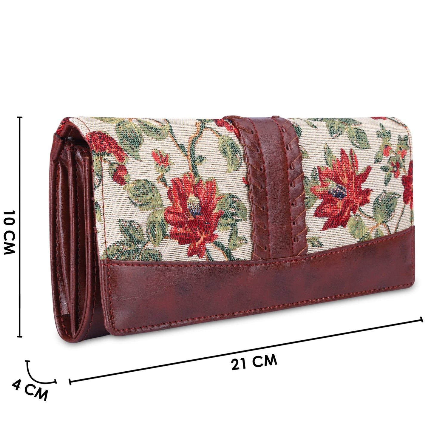 THE CLOWNFISH Serina Collection Tapestry Fabric & Faux Leather Snap Flap Style Womens Wallet Clutch Ladies Purse with Card Holders (Off White-Floral)