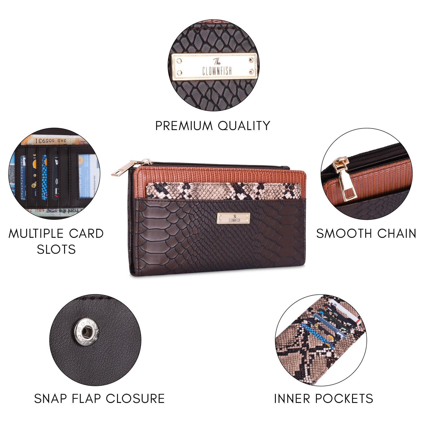 THE CLOWNFISH Prospera Collection Crocodile Finish Faux Leather Bi-Fold Womens Wallet Clutch Ladies Purse with Separate Multiple Cards Holder (Brown)