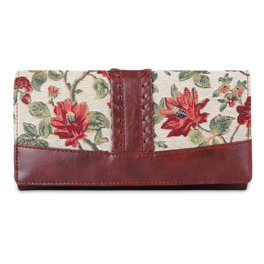 THE CLOWNFISH Serina Collection Tapestry Fabric & Faux Leather Snap Flap Style Womens Wallet Clutch Ladies Purse with Card Holders (Off White-Floral)