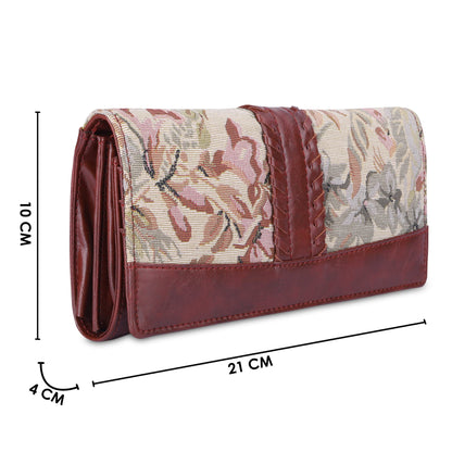 THE CLOWNFISH Serina Collection Tapestry Fabric & Faux Leather Snap Flap Style Womens Wallet Clutch Ladies Purse with Card Holders (Beige)