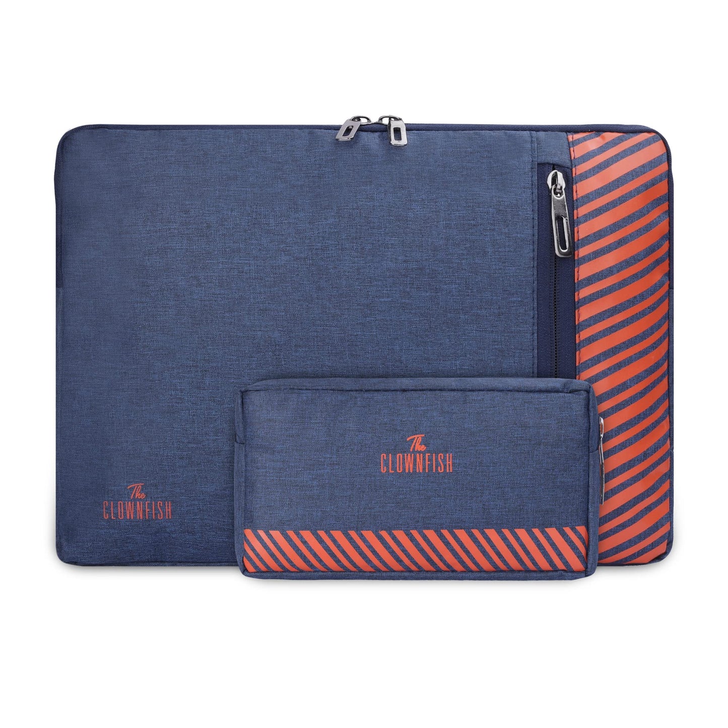 The Clownfish Combo of Algo Series Polyester 13 inch Laptop Sleeve & Scholar Series Multipurpose Polyester Travel Pouch Pencil Case Toiletry Bag (Blue)