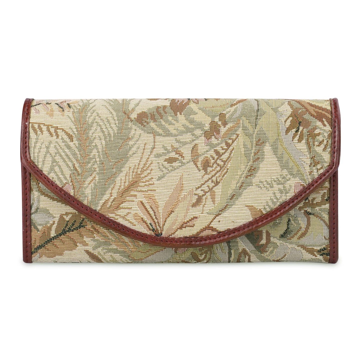 THE CLOWNFISH Mia Collection Tapestry Fabric & Faux Leather Snap Flap Closure Womens Wallet Clutch Ladies Purse with Multiple Card Holders (Beige)