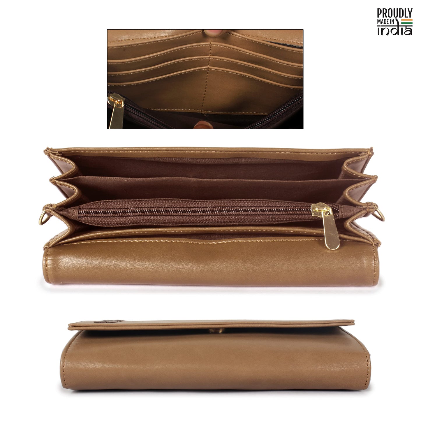 THE CLOWNFISH Myra Collection Womens Wallet Clutch Ladies Purse Sling Bag with Card slots (Light Brown)