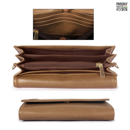 THE CLOWNFISH Myra Collection Womens Wallet Clutch Ladies Purse Sling Bag with Card slots (Light Brown)