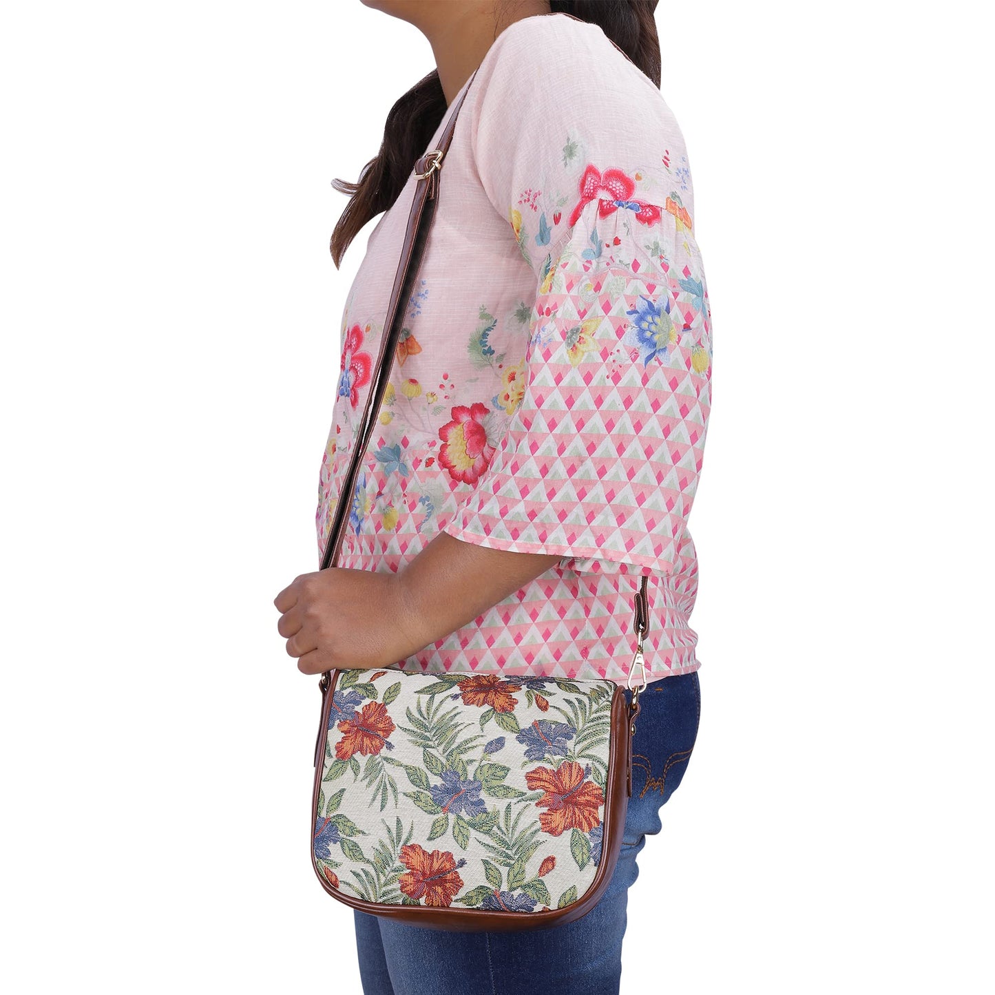 THE CLOWNFISH Garnet Series Tapestry Fabric Crossbody Sling Bag for Women Ladies Single Shoulder Bag Shoulder Belt (Maroon-Floral)
