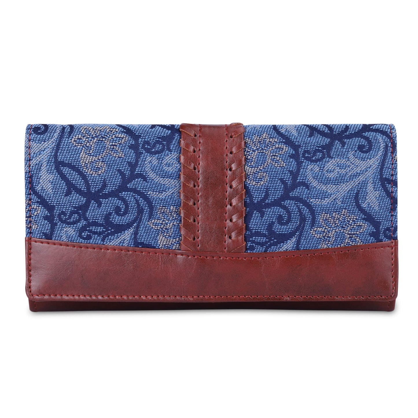 THE CLOWNFISH Serina Collection Tapestry Fabric & Faux Leather Snap Flap Style Womens Wallet Clutch Ladies Purse with Card Holders (Blue-Floral)