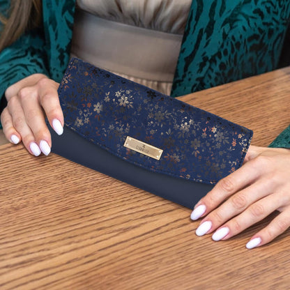 THE CLOWNFISH Jacinta Collection Womens Wallet Clutch Ladies Purse with Floral Design On Flap & Multiple Card Slots (Navy Blue)