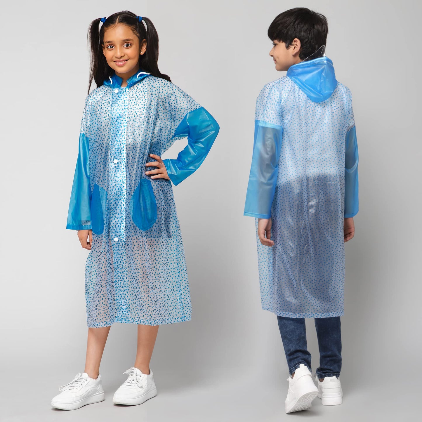 THE CLOWNFISH Drench Dew Series Unisex Kids Waterproof Single Layer PVC Longcoat/Raincoat with Adjustable Hood. Age-4-5 Years (Sky blue)