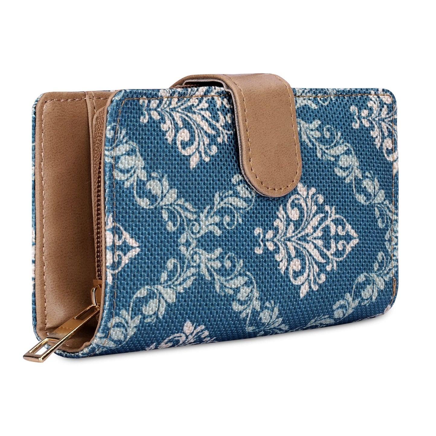 THE CLOWNFISH Fab Series Printed Handicraft Fabric & Vegan Leather Ladies Wallet Clutch Purse for Women Girls with Multiple Compartments (Peacock Blue)