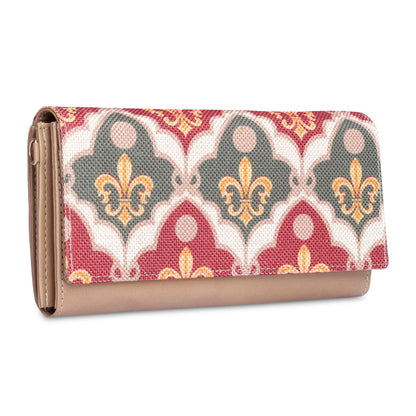 THE CLOWNFISH Jolene Printed Handicraft Fabric & Vegan Leather Ladies Wallet Purse Sling Bag with Multiple Card Slots (Pink-Rangoli Design)