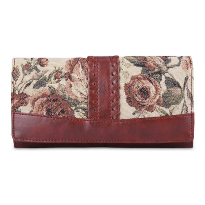 THE CLOWNFISH Serina Collection Tapestry Fabric & Faux Leather Snap Flap Style Womens Wallet Clutch Ladies Purse with Card Holders (Brown-Floral)