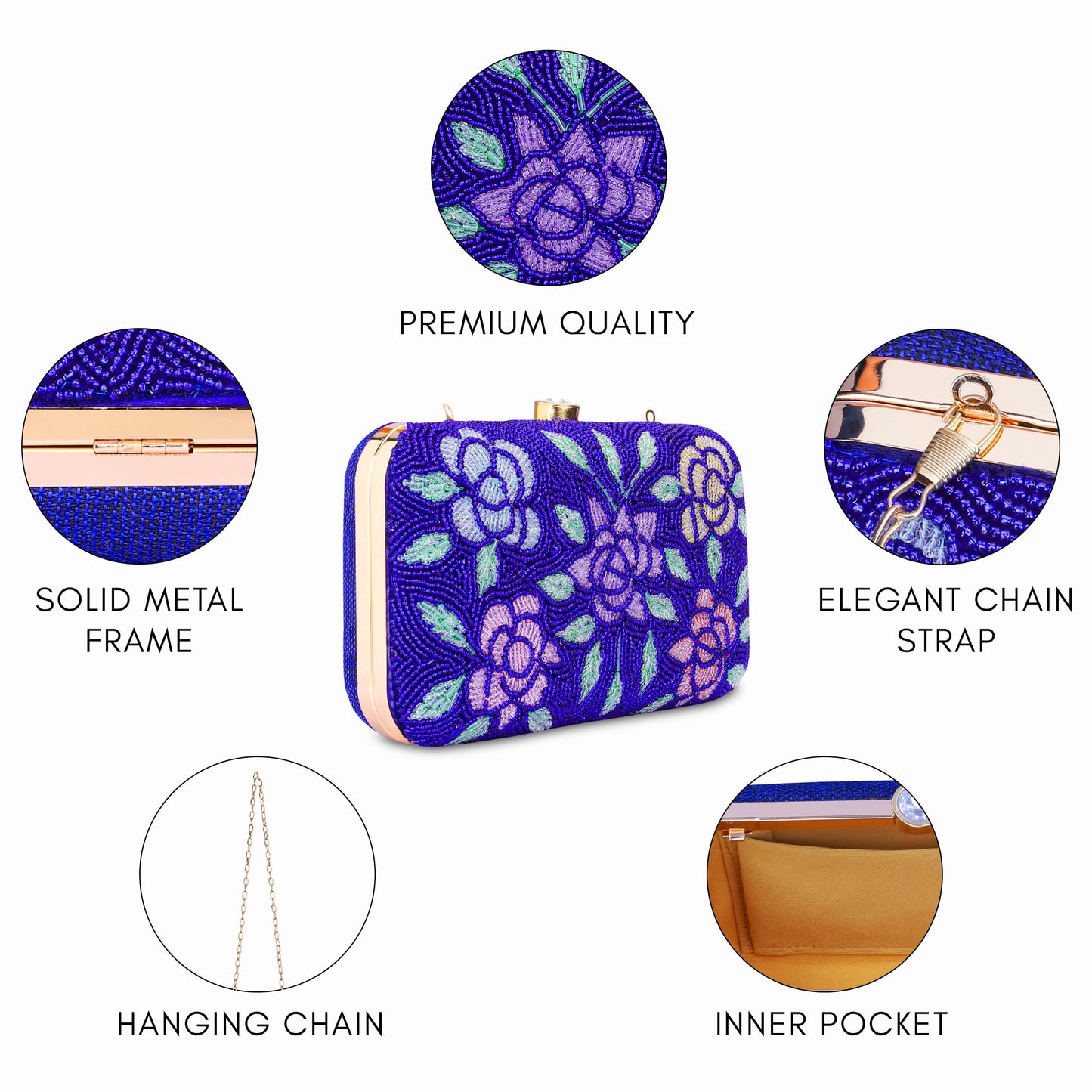 THE CLOWNFISH Norah Collection Womens Party Clutch Ladies Wallet with Chain Strap Evening Bag with Beads Work Floral Design (Royal Blue)